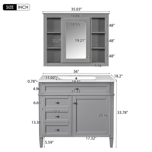 36'' Bathroom Vanity with Medicine Cabinet, Modern Bathroom Storage Cabinet with 2 Soft Closing Doors and 4 Drawers, Single Sink Bathroom Vanity