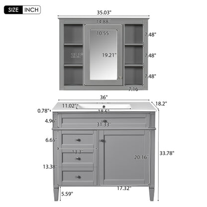 36'' Bathroom Vanity with Medicine Cabinet, Modern Bathroom Storage Cabinet with 2 Soft Closing Doors and 4 Drawers, Single Sink Bathroom Vanity