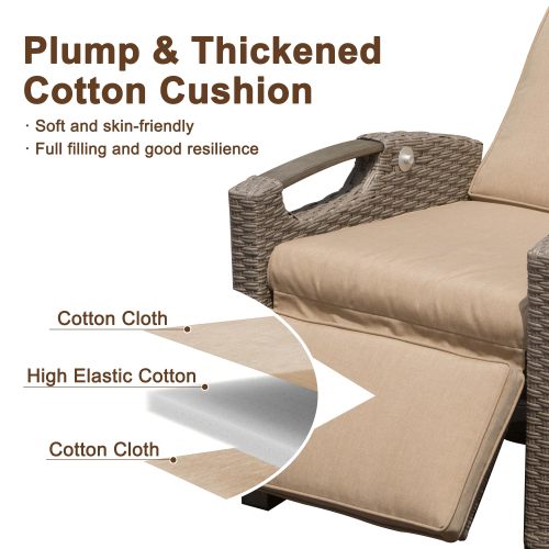 Outdoor Recliner Chair, Patio Recliner with Hand-Woven Wicker, Flip Table Push Back, Adjustable Angle, Thickness Cushions, Reclining Lounge Chair for Indoor and Outdoor, Beige
