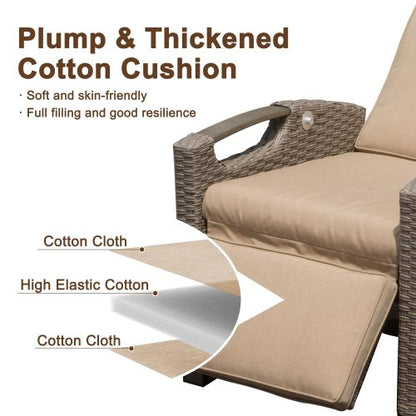 Outdoor Recliner Chair, Patio Recliner with Hand-Woven Wicker, Flip Table Push Back, Adjustable Angle, Thickness Cushions, Reclining Lounge Chair for Indoor and Outdoor, Beige