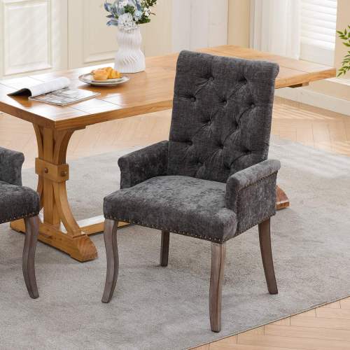 Upholstered Chenille Arm Dining Chair, Tufted Accent Chair with Curved Solid Wood Legs, Gray, Single Pack