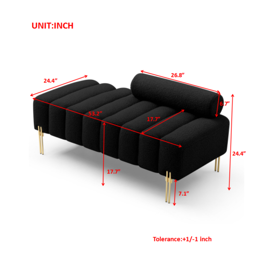 53.2inch  Width Modern End of Bed Bench Sherpa Fabric Upholstered 2 Seater Sofa Couch Entryway Ottoman Bench Fuzzy Sofa Stool Footrest Window Bench with Gold Metal Legs for Bedroom Living Room,Black