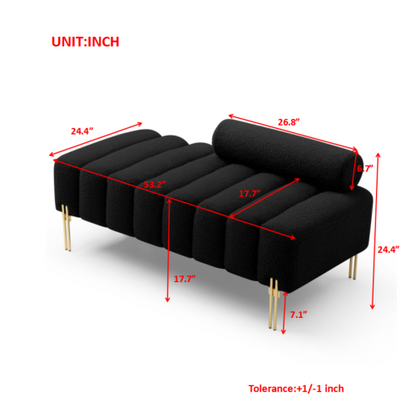 53.2inch  Width Modern End of Bed Bench Sherpa Fabric Upholstered 2 Seater Sofa Couch Entryway Ottoman Bench Fuzzy Sofa Stool Footrest Window Bench with Gold Metal Legs for Bedroom Living Room,Black