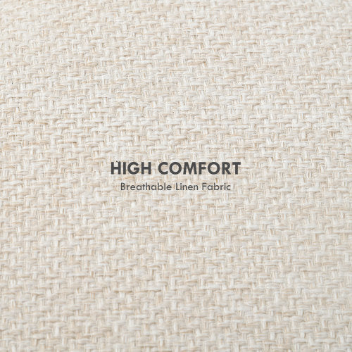 Cream White Round Linen Storage Ottoman, Cushioned Top Oak Leg Stool, 15.25 inch, 264 LBS Capacity