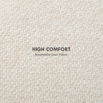 Cream White Round Linen Storage Ottoman, Cushioned Top Oak Leg Stool, 15.25 inch, 264 LBS Capacity