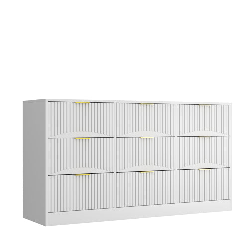 White 9 Drawer Dresser, 63" Large Deep Chest of Drawers, Wooden Dresser Storage Cabinet with 9 Drawers for Bedroom, Long Dressers for Living Room, Hallway, Drawer panel with wavy patterns