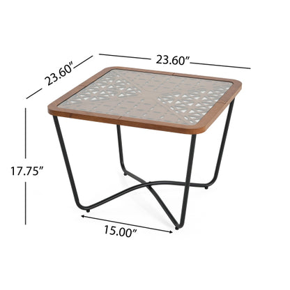 Modern Industrial Square Coffee Table Glass Top Metal Frame Wooden Accent Living Room Table