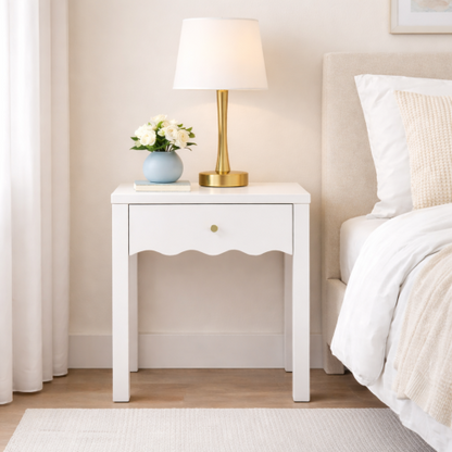 White Nightstand with Drawer, Modern Bedside Table with Wavy Apron Design, Compact End Table for Bedroom Living Room, Small Side Table with Storage