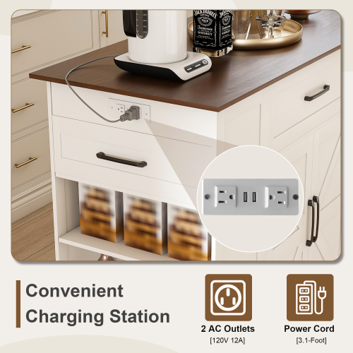 46 inch Kitchen Island on Wheels with Storage & Power Outlet - Movable Rustic Breakfast Bar Table, Wood Top with Adjustable Shelf & Drawer for Kitchen Dining Living Room, White