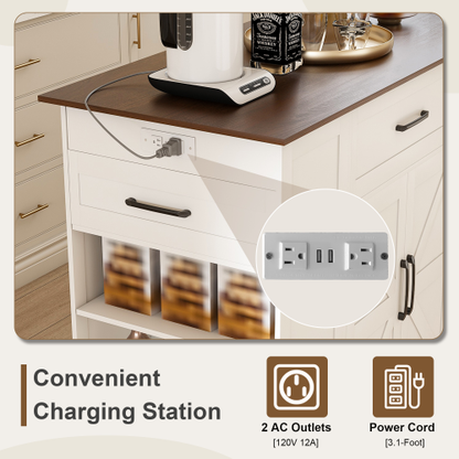 46 inch Kitchen Island on Wheels with Storage & Power Outlet - Movable Rustic Breakfast Bar Table, Wood Top with Adjustable Shelf & Drawer for Kitchen Dining Living Room, White