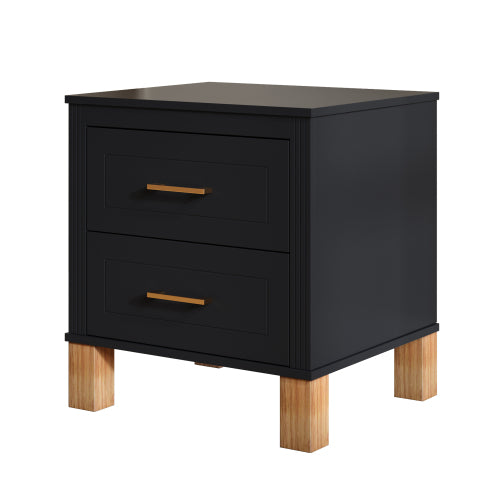 Black Fluted Nightstand, 2-Drawer Bedside Table with Metal Handles & Solid Wood Legs