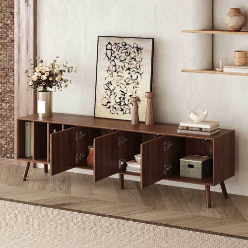 68 inch Mid-Century Modern TV Stand with Solid Wood Legs, Storage Cabinets & Open Shelves
