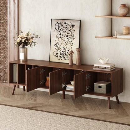 68 inch Mid-Century Modern TV Stand with Solid Wood Legs, Storage Cabinets & Open Shelves