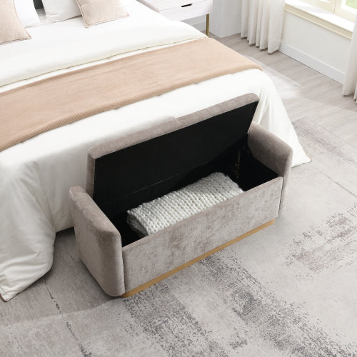 49 inch Brown Chenille Storage Ottoman Bench, Gold Metal Base Wood Frame 350 LBS Safety Hinge Entryway Bench