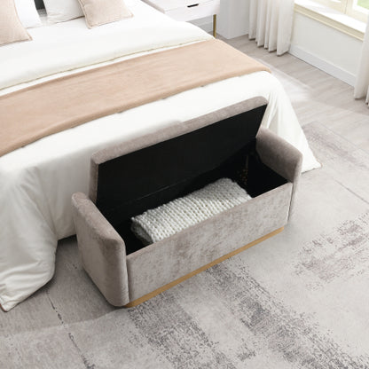 49 inch Brown Chenille Storage Ottoman Bench, Gold Metal Base Wood Frame 350 LBS Safety Hinge Entryway Bench
