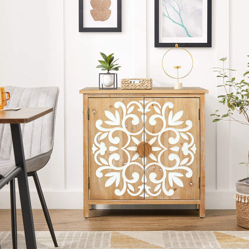 Rustic Wooden Accent Cabinet with Floral Carved Doors, 2 - Door Storage Cabinet for Living Room, Entryway, Dining Room