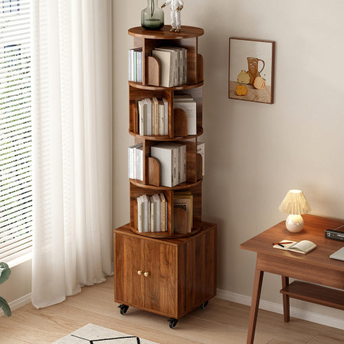 Walnut 5-Tier Rotating Bookshelf with Closed Drawer, Retro Solid Wood Narrow Corner Home Book Organizer