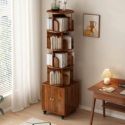 Walnut 5-Tier Rotating Bookshelf with Closed Drawer, Retro Solid Wood Narrow Corner Home Book Organizer