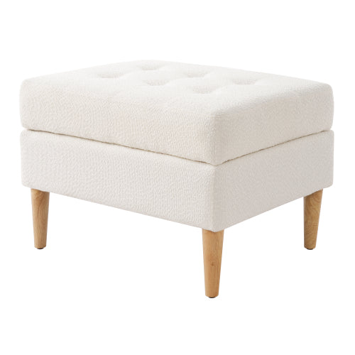 Ivory Tufted Boucle Ottoman with Solid Rubberwood Legs, 350+ LBS Low Profile Multifunctional Accent Stool