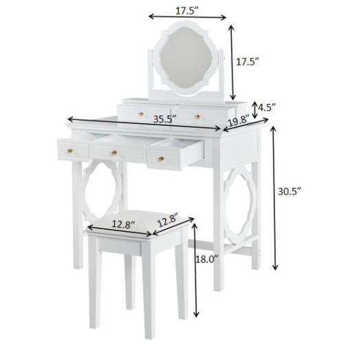 White Compact Vanity Table Set with Reversible Adjustable Mirror, 5 Drawer Storage & PU Cushioned Stool
