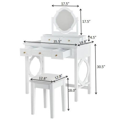 White Compact Vanity Table Set with Reversible Adjustable Mirror, 5 Drawer Storage & PU Cushioned Stool