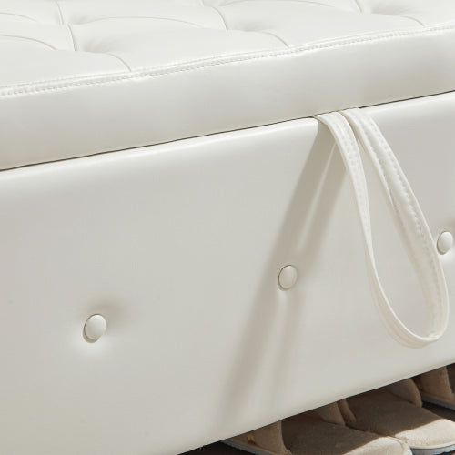 48'' Storage Ottoman Bench Tufted Faux Leather Upholstered Bench Ivory White
