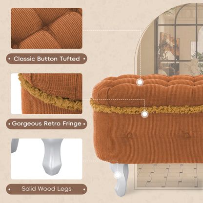 Orange Fringed Button Tufted Storage Ottoman Bench, 29.5 Inch Upholstered End of Bed Bench for Entryway Bedroom