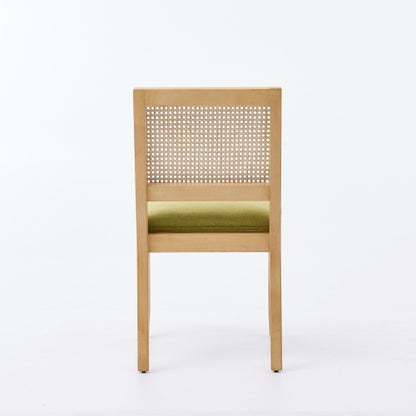 Set of 2 Olive Green Farmhouse Cane Rattan Dining Chairs, Distressed Solid Hardwood Linen Upholstered Side Chairs 300 LBS Capacity
