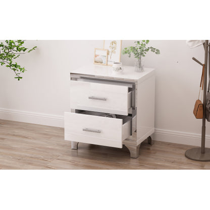 Elegant High Gloss Nightstand with Metal Handle,Mirrored Bedside Table with 2 Drawers for Bedroom,Living Room,White