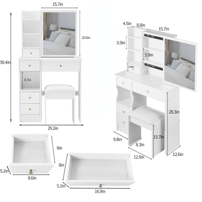 29.2" Small Space Left Drawer Desktop Vanity Table + Cushioned Stool, Extra Large Right sliding mirror, Multi Layer High Capacity Storage, Practical Fashionable Dresser, Suitable For Small Space