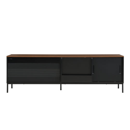 Mid Century Modern 75 Inch TV Stand with Sliding Doors Walnut Console