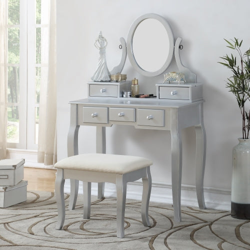 Silver Wood Makeup Vanity Table and Stool Set, 5 Lined Drawers, Adjustable Mirror, 32 inch W