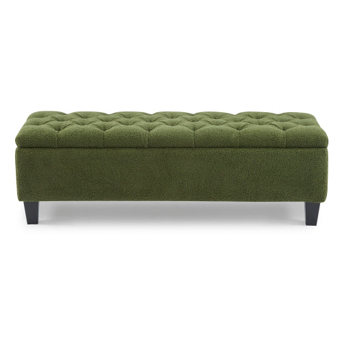 Green Boucle Storage Ottoman Bench, Tufted Design with Rubber Wood Legs, 300 LBS Capacity, 51.18 inchL x17.52 inchW x18 inchH