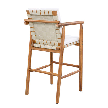 Outdoor Counter Height Bar Stools Chair Set of 2, Modern Patio Acacia Wooden Stools with Backrest Arm and Webbing Seat, for Patio, Pool, Garden, Beige Cushions Included