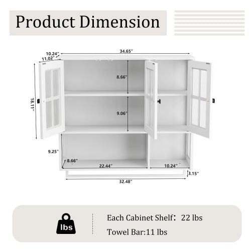 Bathroom Wall Cabinet, 3-Door Wooden Wall Cabinet with Open and Hidden Storage Space, Medicine Cabinet with Glass Door and Towel Bar for Entryway Living Room Bathroom Dining Room,White