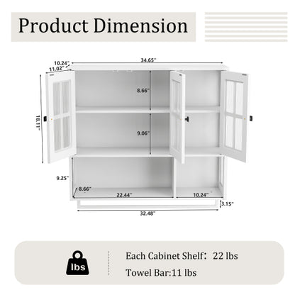 Bathroom Wall Cabinet, 3-Door Wooden Wall Cabinet with Open and Hidden Storage Space, Medicine Cabinet with Glass Door and Towel Bar for Entryway Living Room Bathroom Dining Room,White