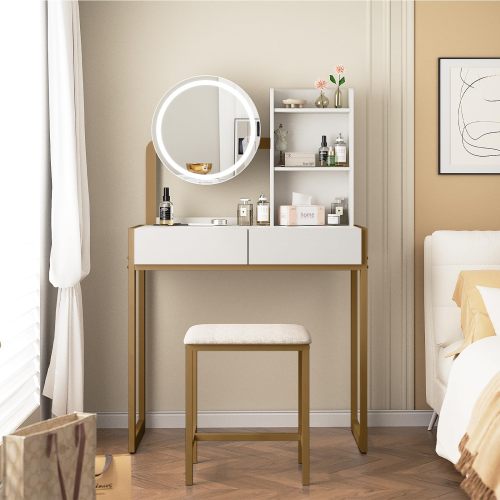 White & Gold Small Vanity Desk with LED Mirror, 3 Lighting Modes, Power Outlet, Drawer, Open Shelves & Cushioned Stool