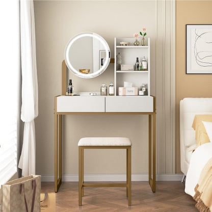 White & Gold Small Vanity Desk with LED Mirror, 3 Lighting Modes, Power Outlet, Drawer, Open Shelves & Cushioned Stool