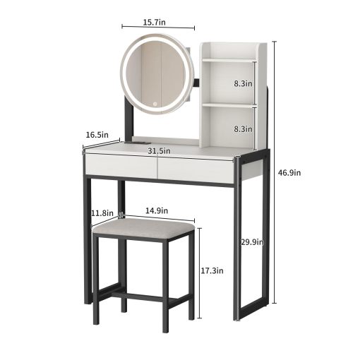 White & Black Vanity Desk with LED Mirror, 3 Light Modes, Outlet, Drawer & Stool