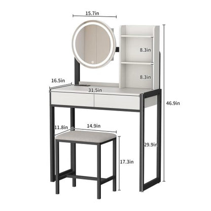 White & Black Vanity Desk with LED Mirror, 3 Light Modes, Outlet, Drawer & Stool