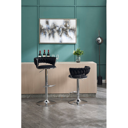 Set of 2 Bar Stools,with Chrome Footrest and Base Swivel Height Adjustable Mechanical Lifting Velvet + Chrome  Leg Simple Bar Stool-BLACK