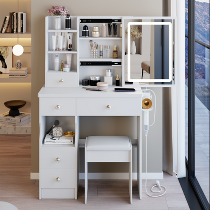 29.2inch  Small Size Left Drawer Desktop Vanity Table + Cushioned Stool, 2 AC+2 USB Power Station, Hair dryer bracket, Extra Large Touch Control Sliding LED Mirror, Tri-color Switching, Brightness Adjust