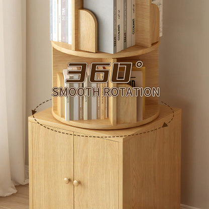 5-Tier Rotating Corner Bookshelf with Double Door Drawer, 360¡ã Revolving Wooden Home Storage Rack