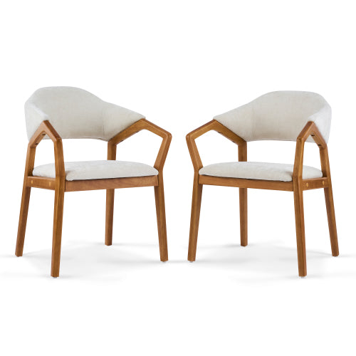 Set of 2 Beige Chenille Arm Dining Chairs, Teak Bent Wood Frame 300lbs Weight Capacity