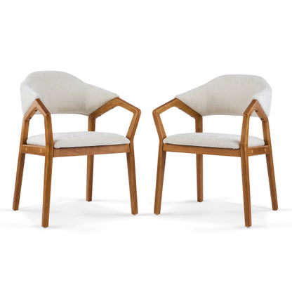 Set of 2 Beige Chenille Arm Dining Chairs, Teak Bent Wood Frame 300lbs Weight Capacity