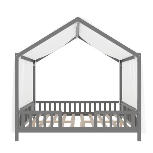 Montessori Floor Bed with Canopy, Full Bed Frame for Kids, House Shape Toddler Bed Frame with High Railings, Wood Kids Bed with Roof, Kid Full Bed, Grey