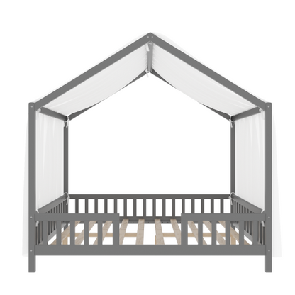 Montessori Floor Bed with Canopy, Full Bed Frame for Kids, House Shape Toddler Bed Frame with High Railings, Wood Kids Bed with Roof, Kid Full Bed, Grey