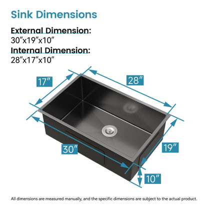 Stainless Steel Kitchen Sink, 30″x19″ Single Bowl, Undermount HandmadeSink in Black, with US Standard Drain and Hook, SS-BL-05