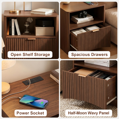 Set of 2 Walnut Mid-Century Nightstands with Charging Station
