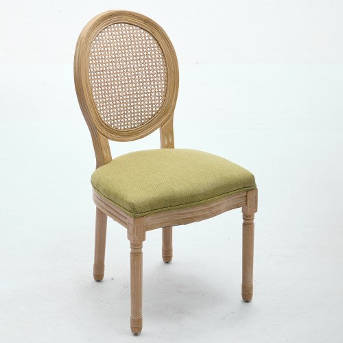 Set of 2 Olive Green French Solid Wood Rattan Back Dining Chairs, Antique Carved Frame 300 LBS Capacity